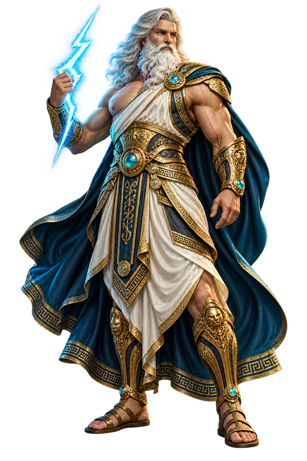 Zeus com armadura dourada a segurar um relâmpago azul